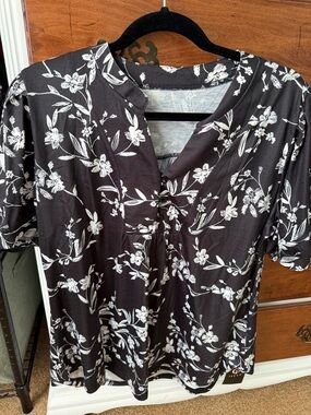Black Floral V-Neck Blouse with White Print